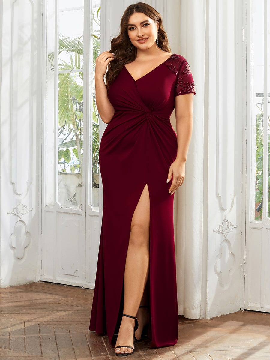 Custom Size Front Slit Short Sleeve With Sequin Mother of the Bride Dress #Color_Burgundy