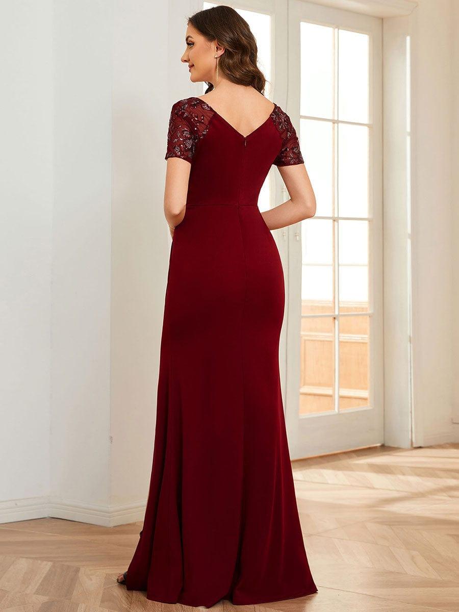 Deep V-Neck Sequin Short Sleeve High Side Front Slit Mother of the Bride Dress #color_Burgundy