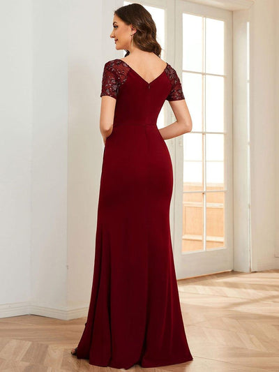 Deep V-Neck Sequin Short Sleeve High Side Front Slit Mother of the Bride Dress #color_Burgundy