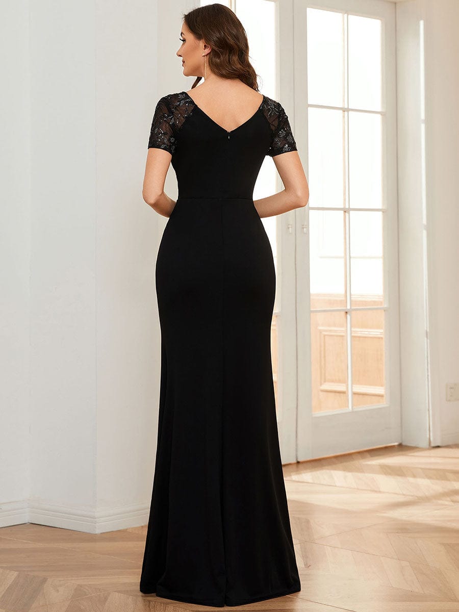 Deep V-Neck Sequin Short Sleeve High Side Front Slit Mother of the Bride Dress #Color_Black