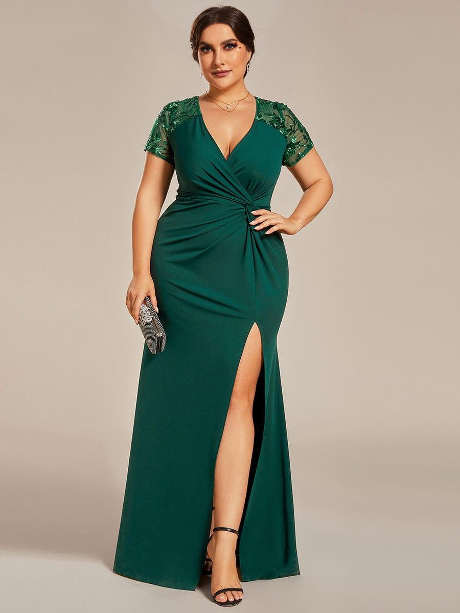 Plus Size Front Slit Short Sleeve With Sequin Mother of the Bride Dress #color_Dark Green