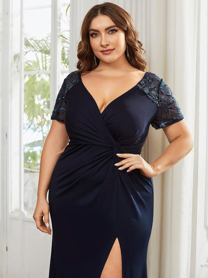 V Neck Sequin Sheath Ruffles Short Sleeves Mother of the Bride Dresses with Slit main image 1