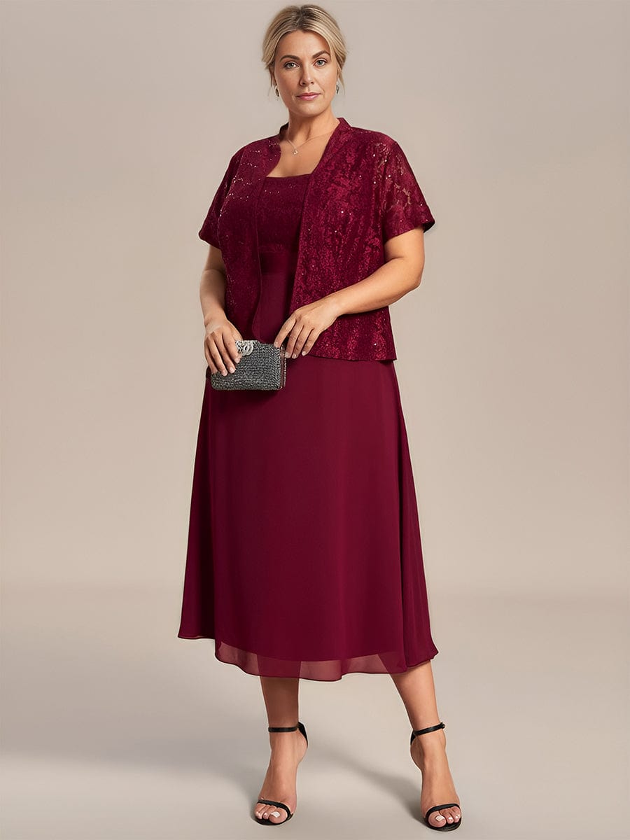 Plus Size Square Neckline A-Line Chiffon Mother of the Bride Dress with Lace Cardigan #color_Burgundy