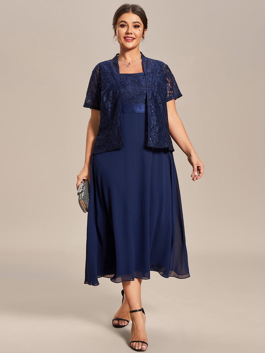 Plus Size Square Neckline A-Line Chiffon Mother of the Bride Dress with Lace Cardigan #color_Navy Blue