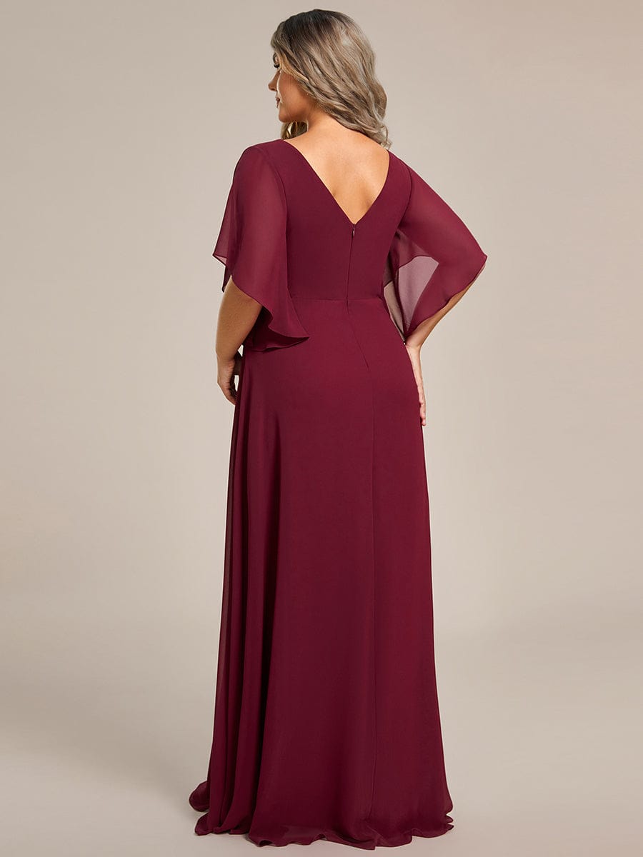 Graceful Plus Size A-line Ruffles Sleeve Chiffon Mother of the Bride Dress with Applique #color_Burgundy