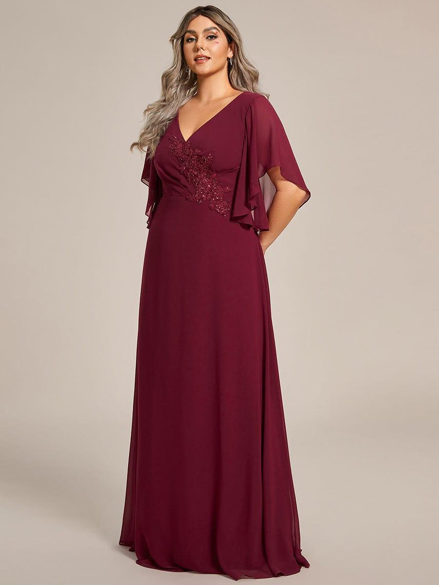 Graceful Plus Size A-line Ruffles Sleeve Chiffon Mother of the Bride Dress with Applique #color_Burgundy
