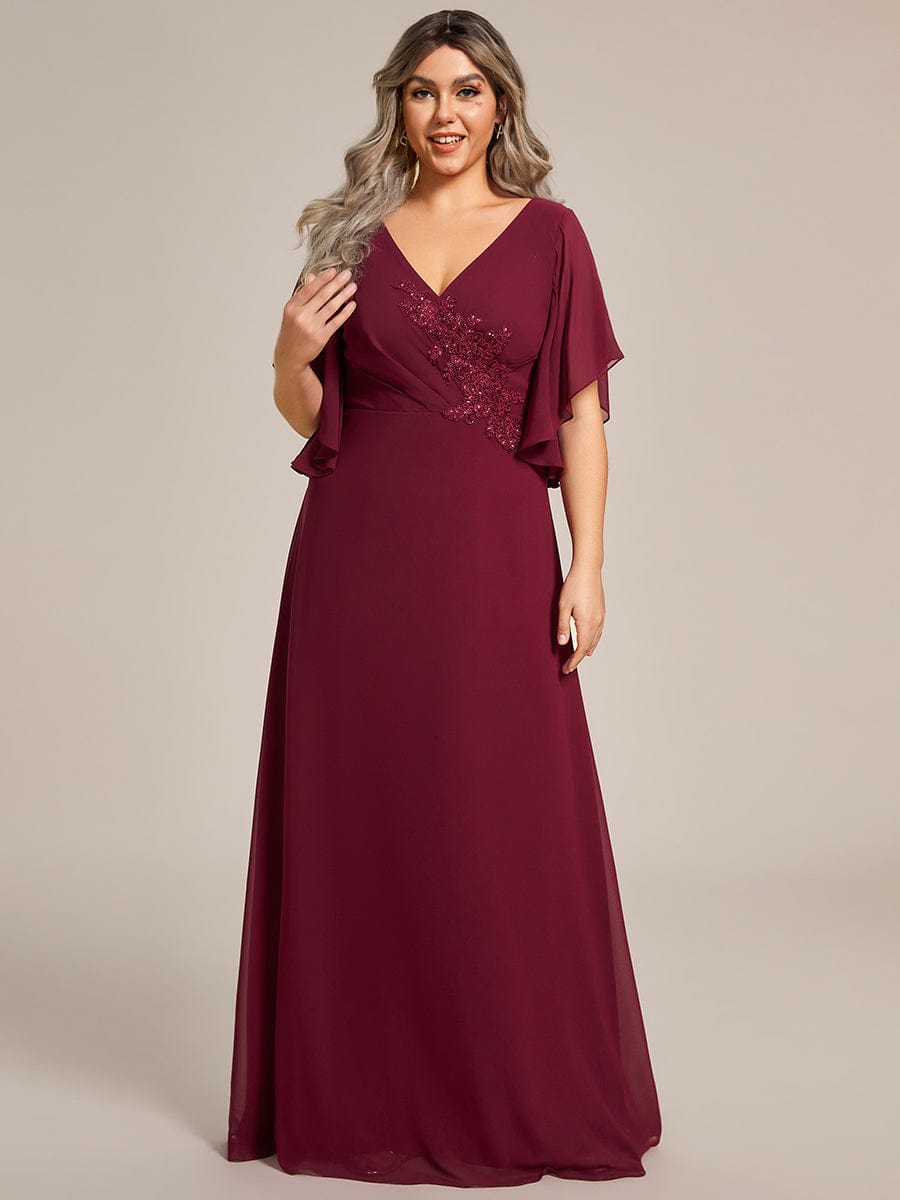 Graceful Plus Size A-line Ruffles Sleeve Chiffon Mother of the Bride Dress with Applique #color_Burgundy
