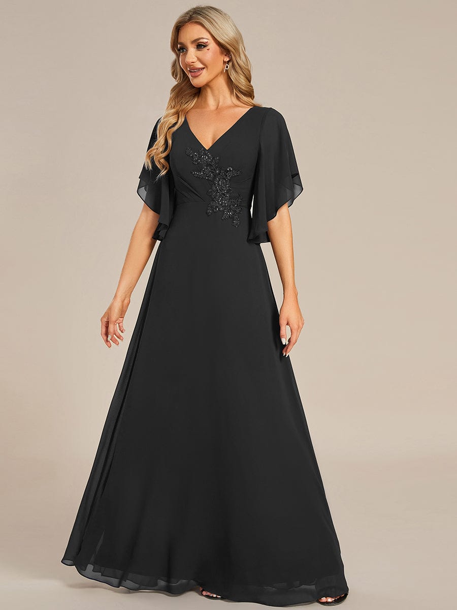 Half Sleeves Top Applique Decoration Chiffon Mother of the Bride Dress #color_Black