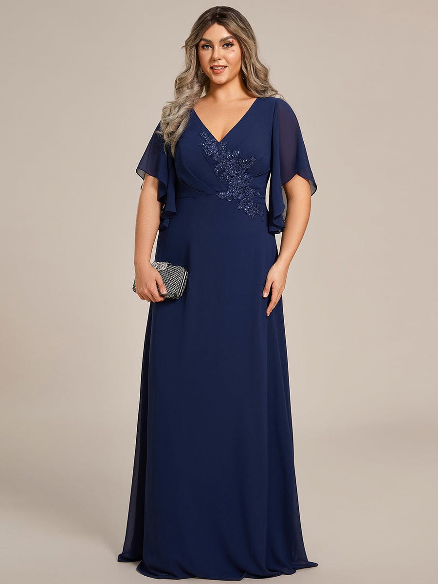 Graceful Plus Size A-line Ruffles Sleeve Chiffon Mother of the Bride Dress with Applique