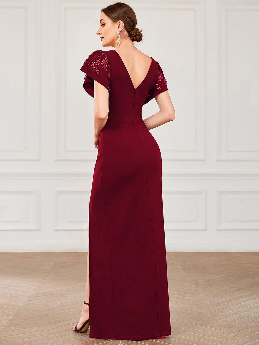 Sequin Short Sleeve Ruched Bodycon Mother of the Bride Dress #color_Burgundy