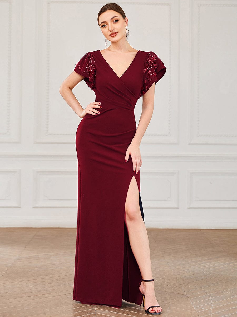 Sequin Short Sleeve Ruched Bodycon Mother of the Bride Dress #color_Burgundy