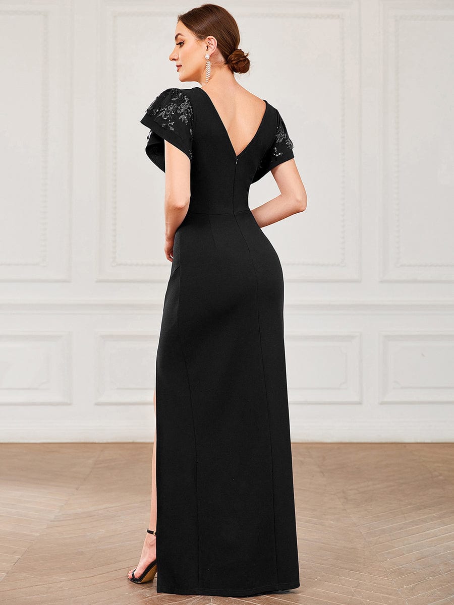 Sequin Short Sleeve Ruched Bodycon Mother of the Bride Dress #color_Black