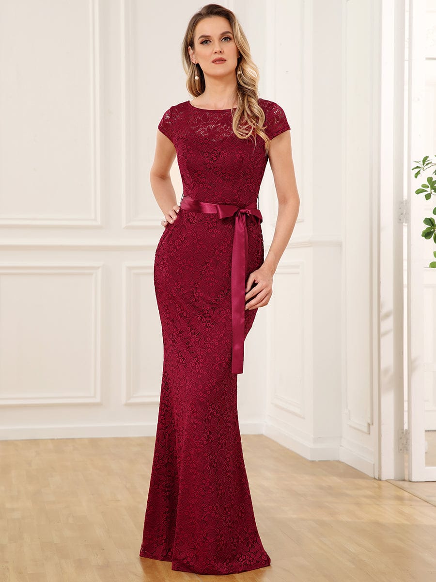 Short Sleeve Ribbon Waist Bodycon Mother of the Bride Dress #color_Burgundy