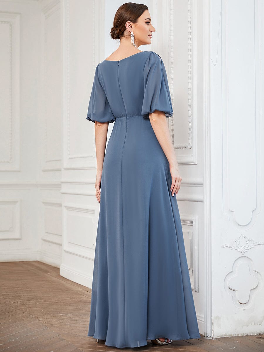 Pleated V-Neck Split Sleeve Chiffon Mother of the Bride Dress #Color_Dusty Navy
