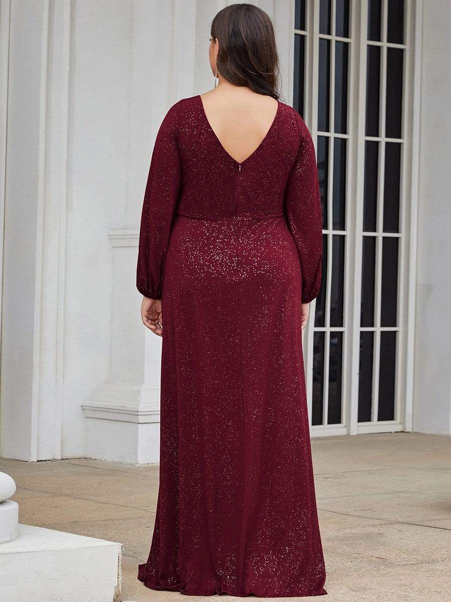 Plus Size Lantern Sleeve V-Neck Floor-Length Mother of the Bride Dress #color_Burgundy 
