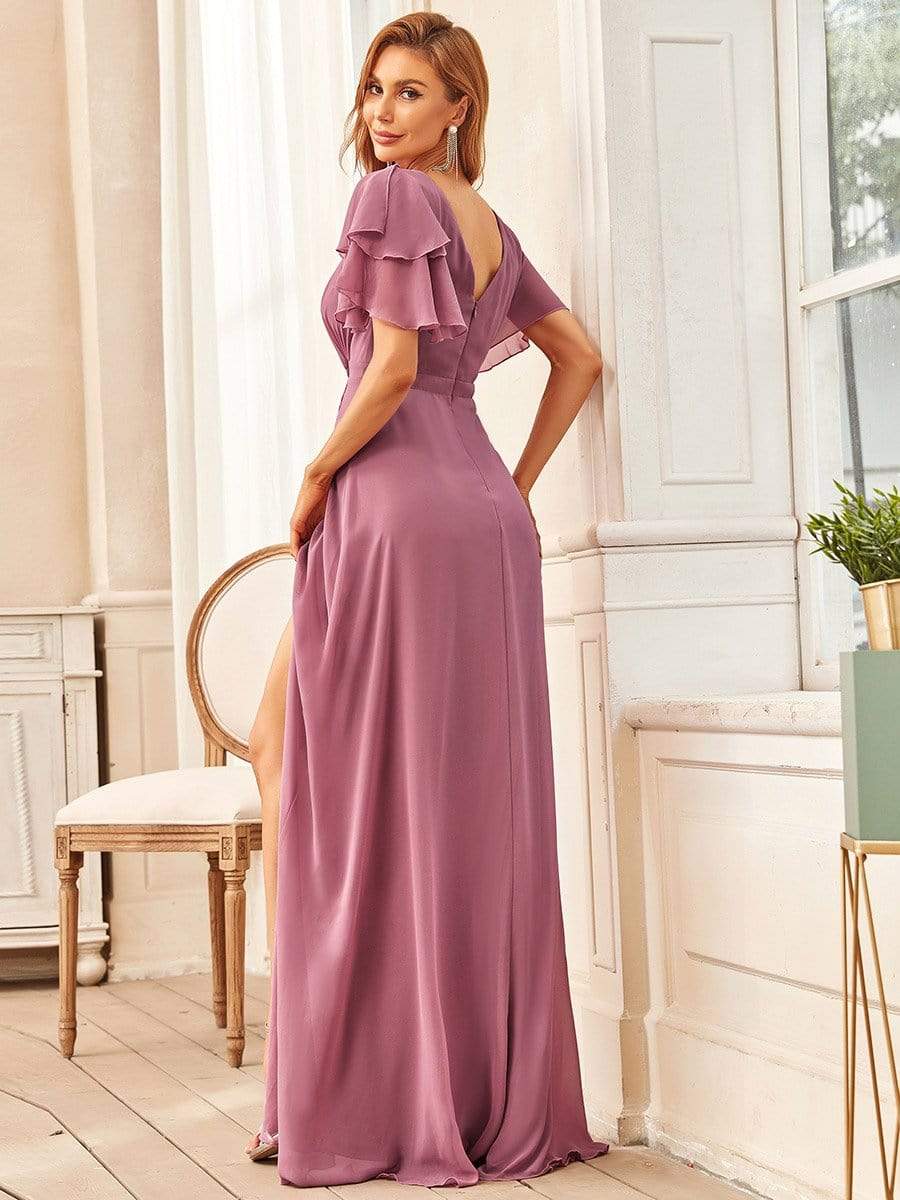 Ruffled Sleeve A-line Front Slit Mother Dress #color_Purple Orchid
