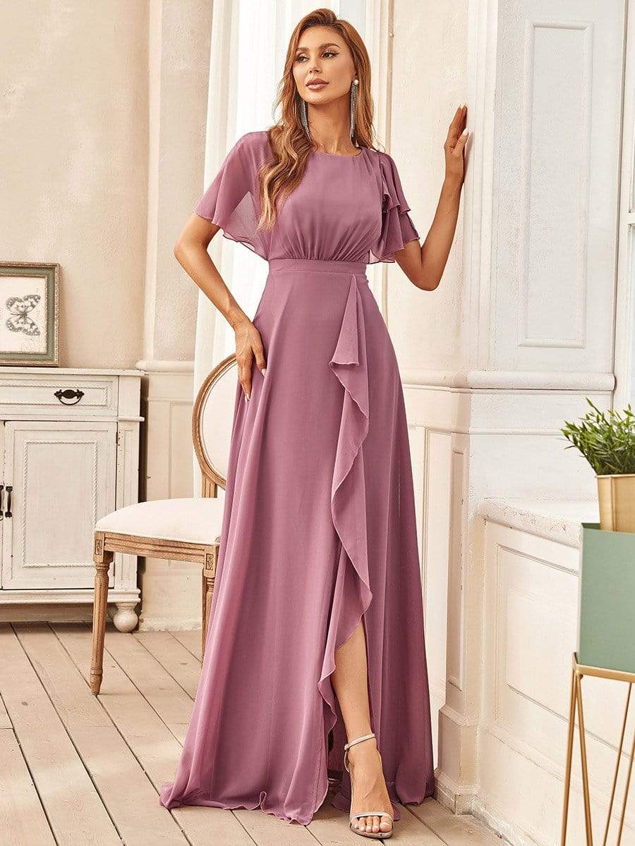 Ruffled Sleeve A-line Front Slit Mother Dress