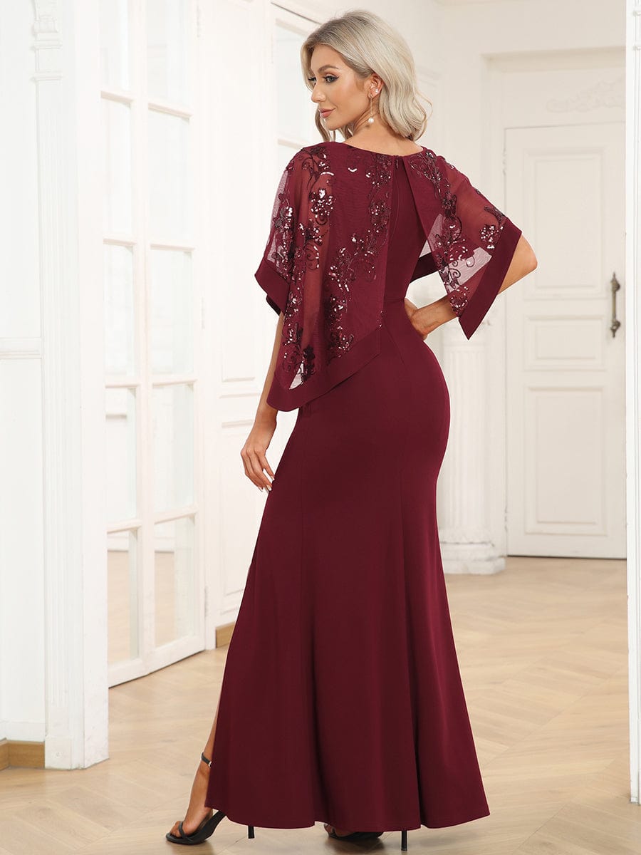 Lace Sequin Shirt Bodycon Floor-Length Mother Dress #color_Burgundy