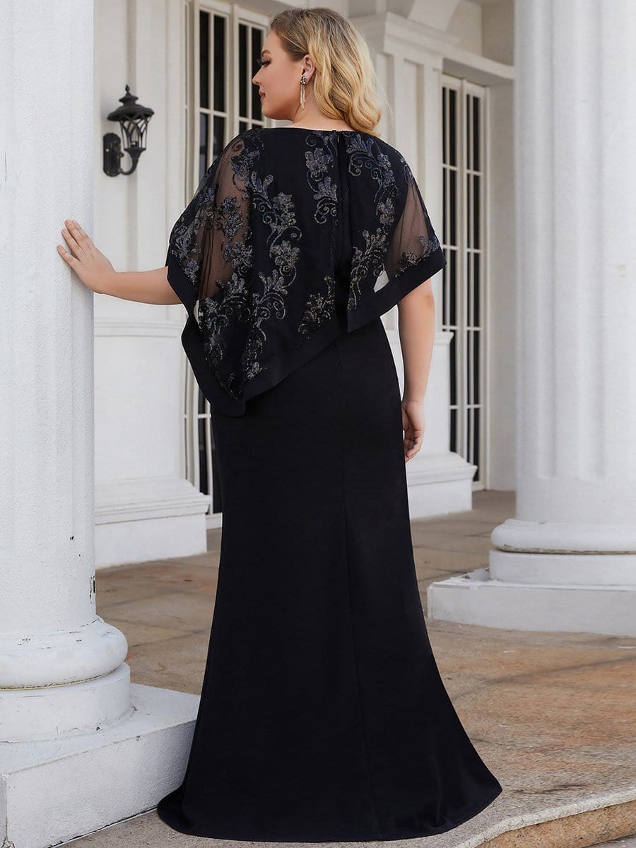 Plus Size Elegant Round Neck Bodycon Floor-Length Buttock Mother Dress #color_Black