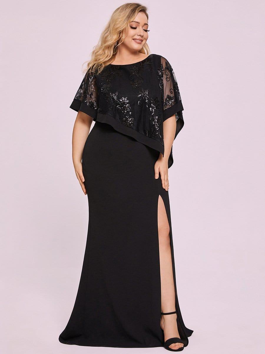 Plus Size Elegant Round Neck Bodycon Floor-Length Buttock Mother Dress #color_Black