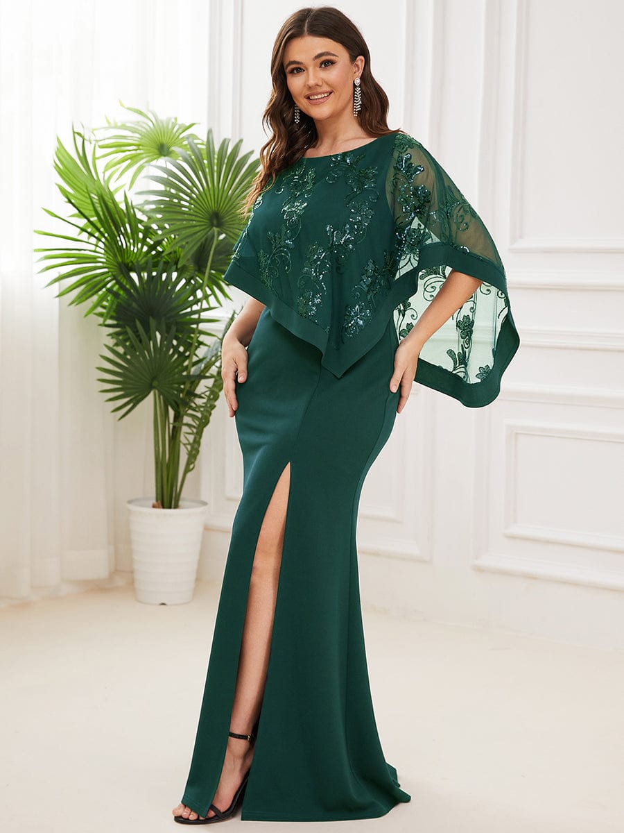 Plus Size Elegant Round Neck Bodycon Floor-Length Buttock Mother Dress #color_Dark Green