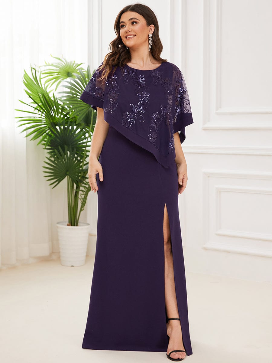 Plus Size Elegant Round Neck Bodycon Floor-Length Buttock Mother Dress #color_Dark Purple