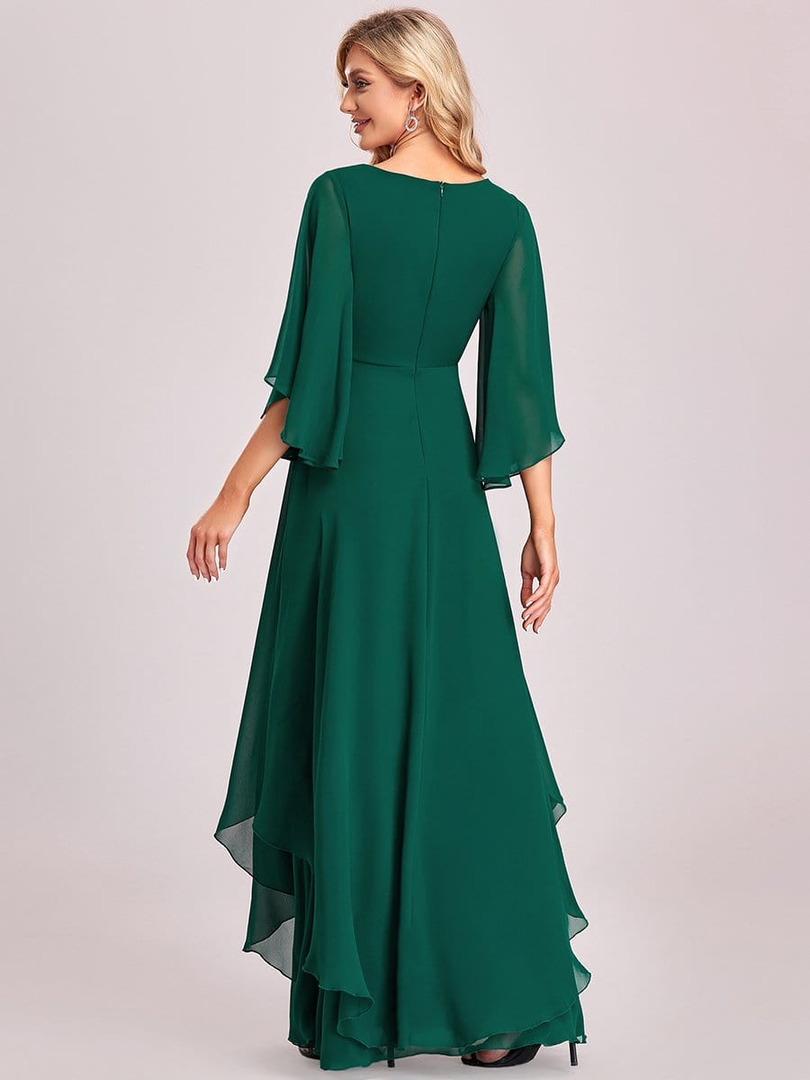 Color=Dark Green | Elegant V-Neck Ruffle Sleeve Mother Of The Bride Dress-Dark Green 7