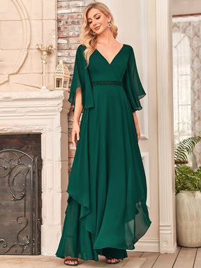 Color=Dark Green | Elegant V-Neck Ruffle Sleeve Mother Of The Bride Dress-Dark Green 1