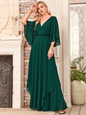 Color=Dark Green | Elegant V-Neck Ruffle Sleeve Mother Of The Bride Dress-Dark Green 2
