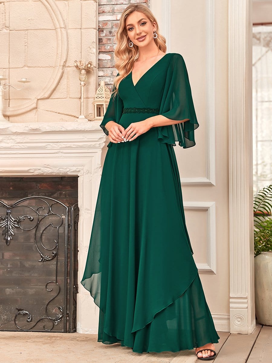 Color=Dark Green | Elegant V-Neck Ruffle Sleeve Mother Of The Bride Dress-Dark Green 4
