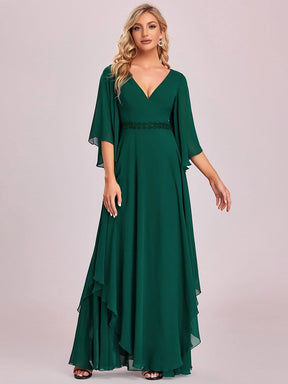 Color=Dark Green | Elegant V-Neck Ruffle Sleeve Mother Of The Bride Dress-Dark Green 6