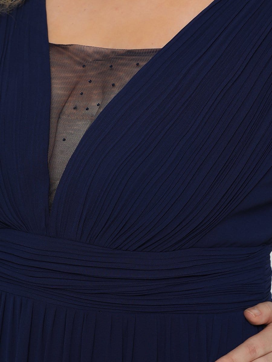 Color=Navy Blue | Plus Size A-Line Pleated Long Sleeve Mother Of The Bride Dress-Navy Blue 3