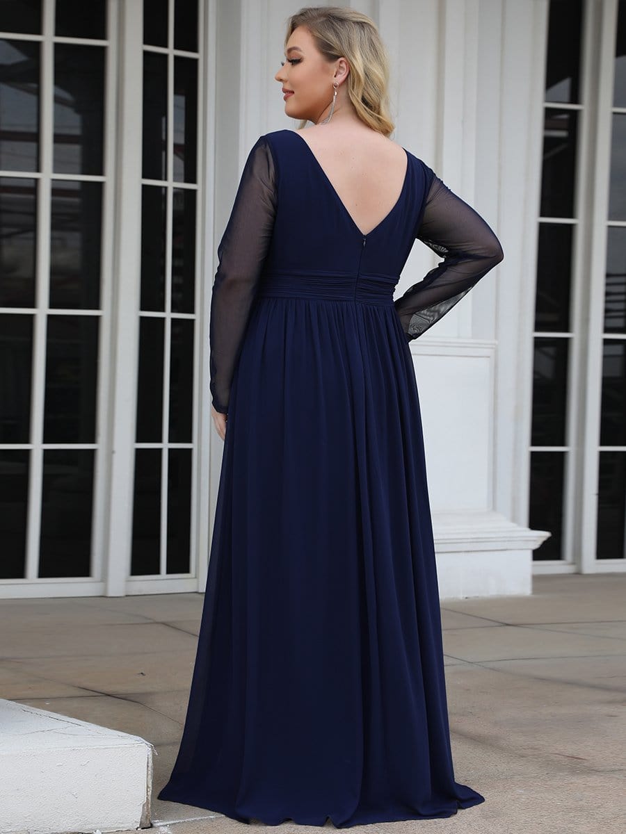 Color=Navy Blue | Plus Size A-Line Pleated Long Sleeve Mother Of The Bride Dress-Navy Blue 2