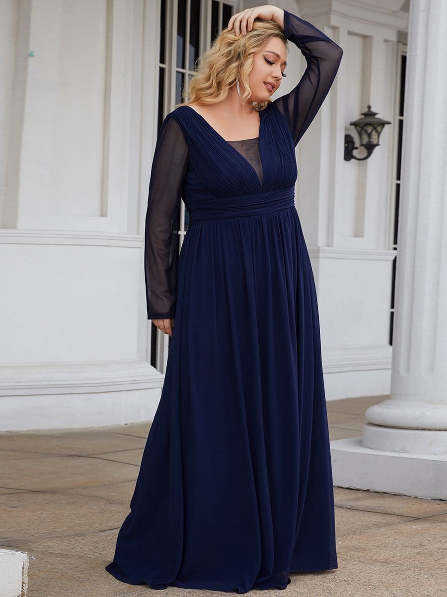 Color=Navy Blue | Plus Size A-Line Pleated Long Sleeve Mother Of The Bride Dress-Navy Blue 4