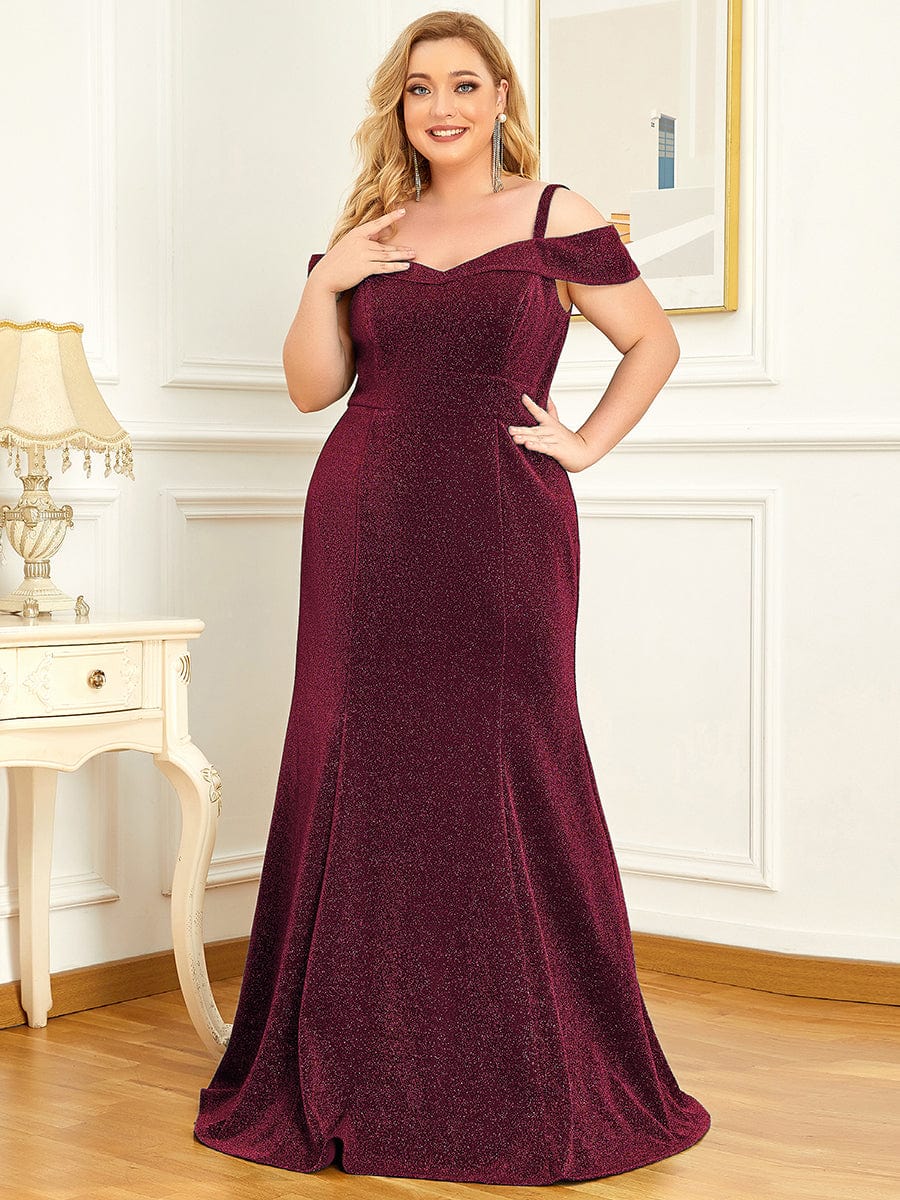 Elegant Plus Size Cold Shoulder Long Mermaid Mother Dress #color_Burgundy