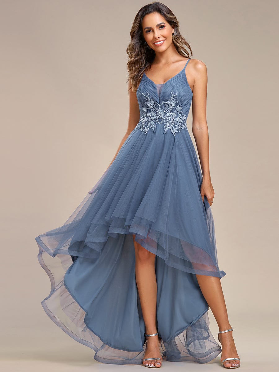 Stylish Floral Embroidered Waist High-Low Prom Dress #color_Dusty Navy