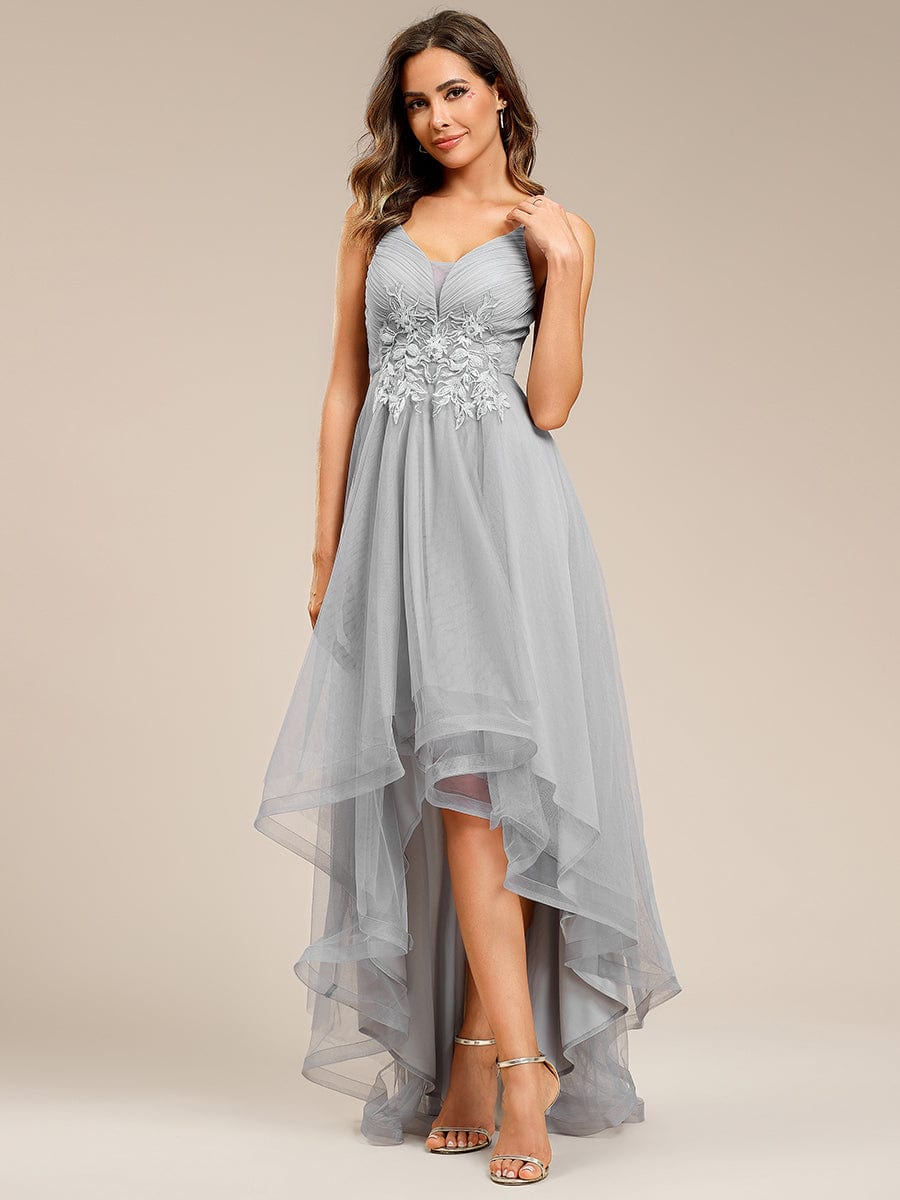 Stylish Floral Embroidered Waist High-Low Prom Dress #color_Grey
