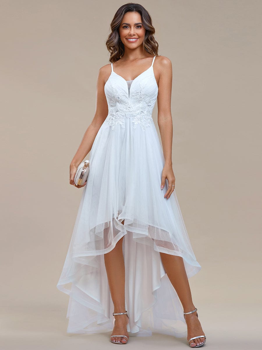 Stylish Floral Embroidered Waist High-Low Prom Dress #color_White