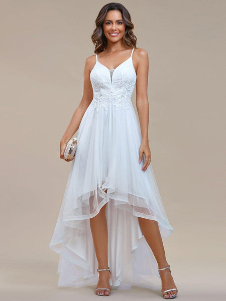 white prom dresses high low Sheer-Corset-Bodice Long White Prom Dress
