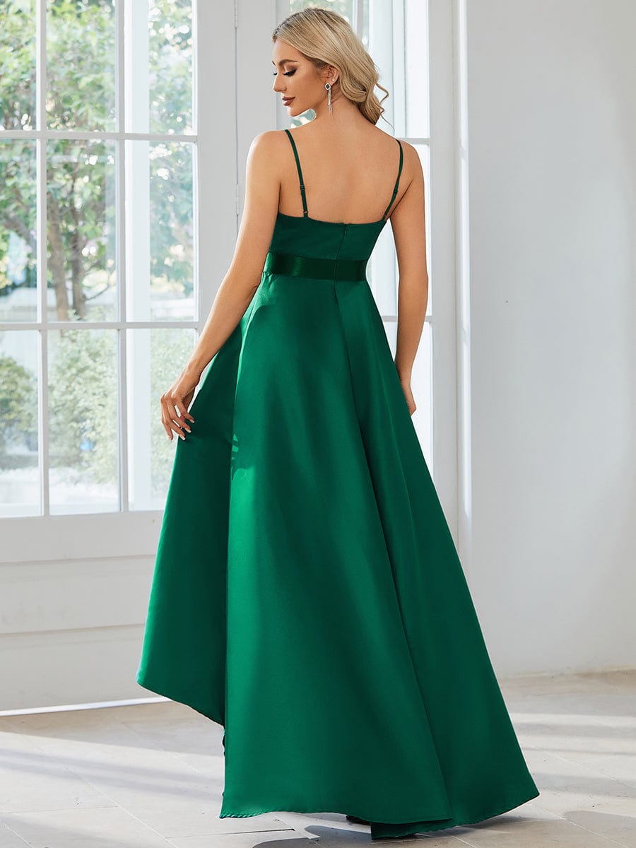 Simple High Low Satin Prom Dress with Spaghetti Straps #color_Dark Green