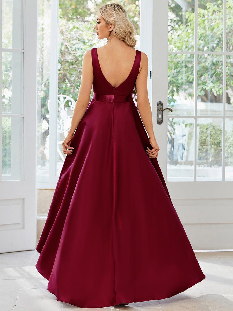 Simple Satin High-Low Sleeveless Prom Dress #Color_Burgundy