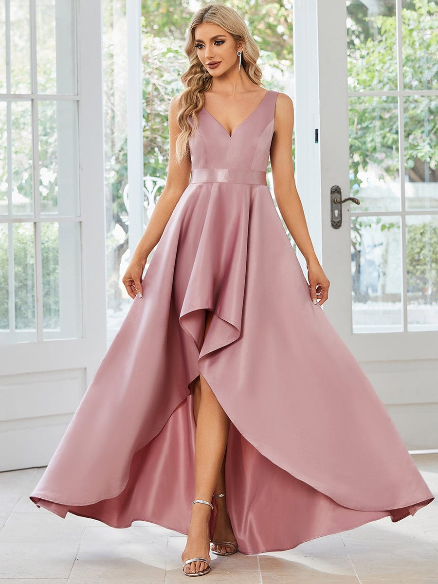 formal high low dresses Sweetheart Neck Red Prom Dresses, Red High Low Satin Graduation Evening Soft ruffles cascade along the hem Sexy Black High Low Prom