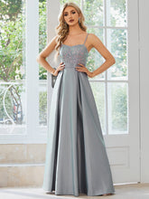 Spaghetti Strap Sequin Bodice A-Line Satin Prom Dress #color_Grey