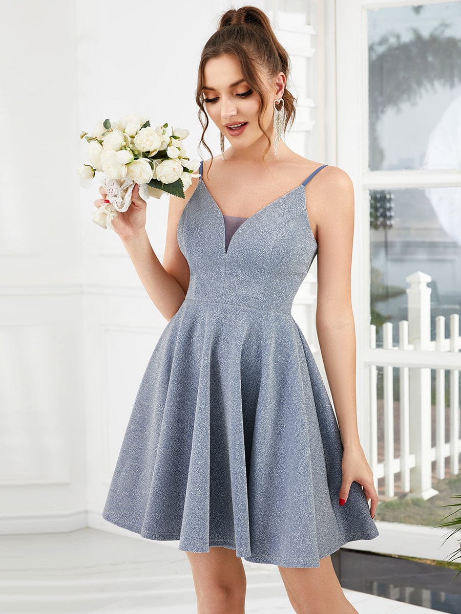 Fancy Shiny Deep V Neck Above Knee Length Prom Dress #color_Dusty Navy