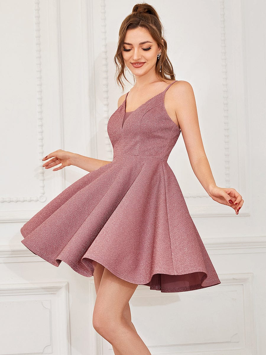 Custom Size  Shiny Deep V Neck Knee Length Prom Dress #color_Purple Orchid 