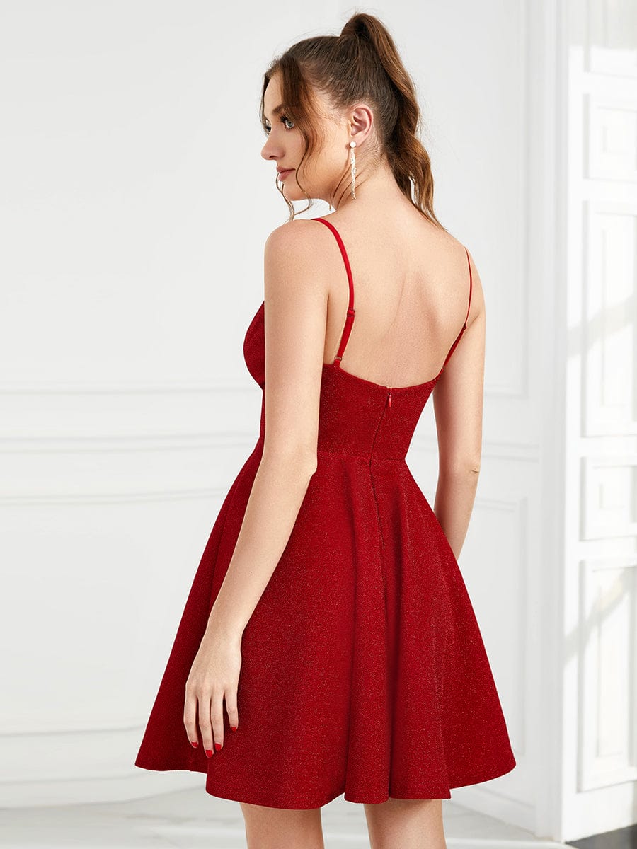 Fancy Shiny Deep V Neck Above Knee Length Prom Dress #color_Red