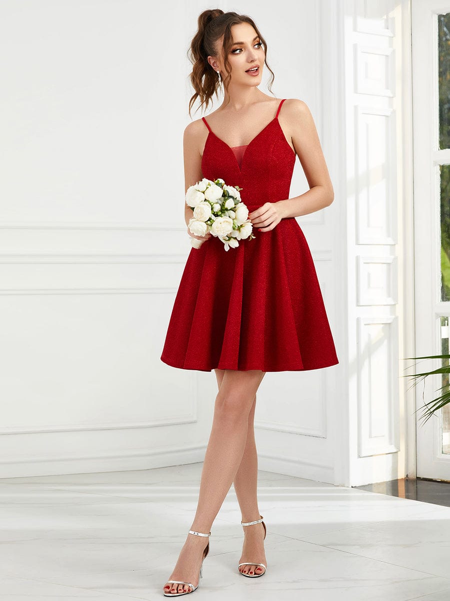 Custom Size  Shiny Deep V Neck Knee Length Prom Dress #color_Red