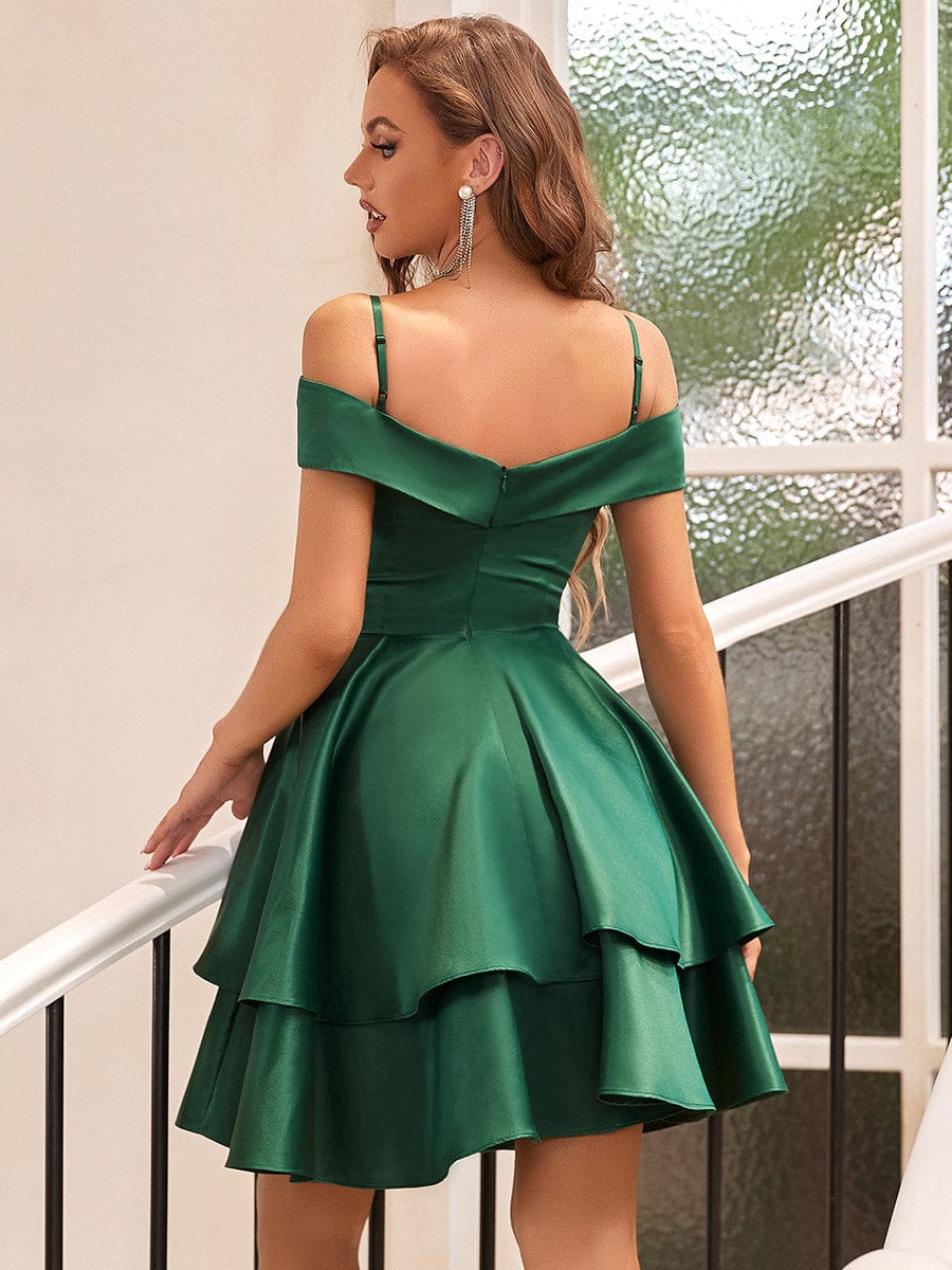 Custom Size Cold Shoulder Short Ruffle Prom Dress #color_Dark Green