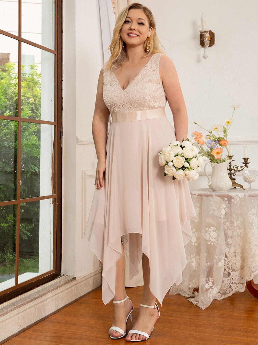 Plus Size Asymmetrical-hem Sleeveless Prom Lace Dress for Women #color_Blush