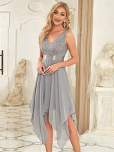 Deep V-Neck Lace Chiffon Bridesmaid Dress with Asymmetrical Hem #color_Grey
